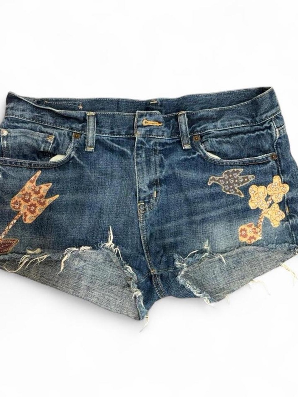 Vintage Ralph Lauren Blue Distressed Denim Shorts with Floral Patches
